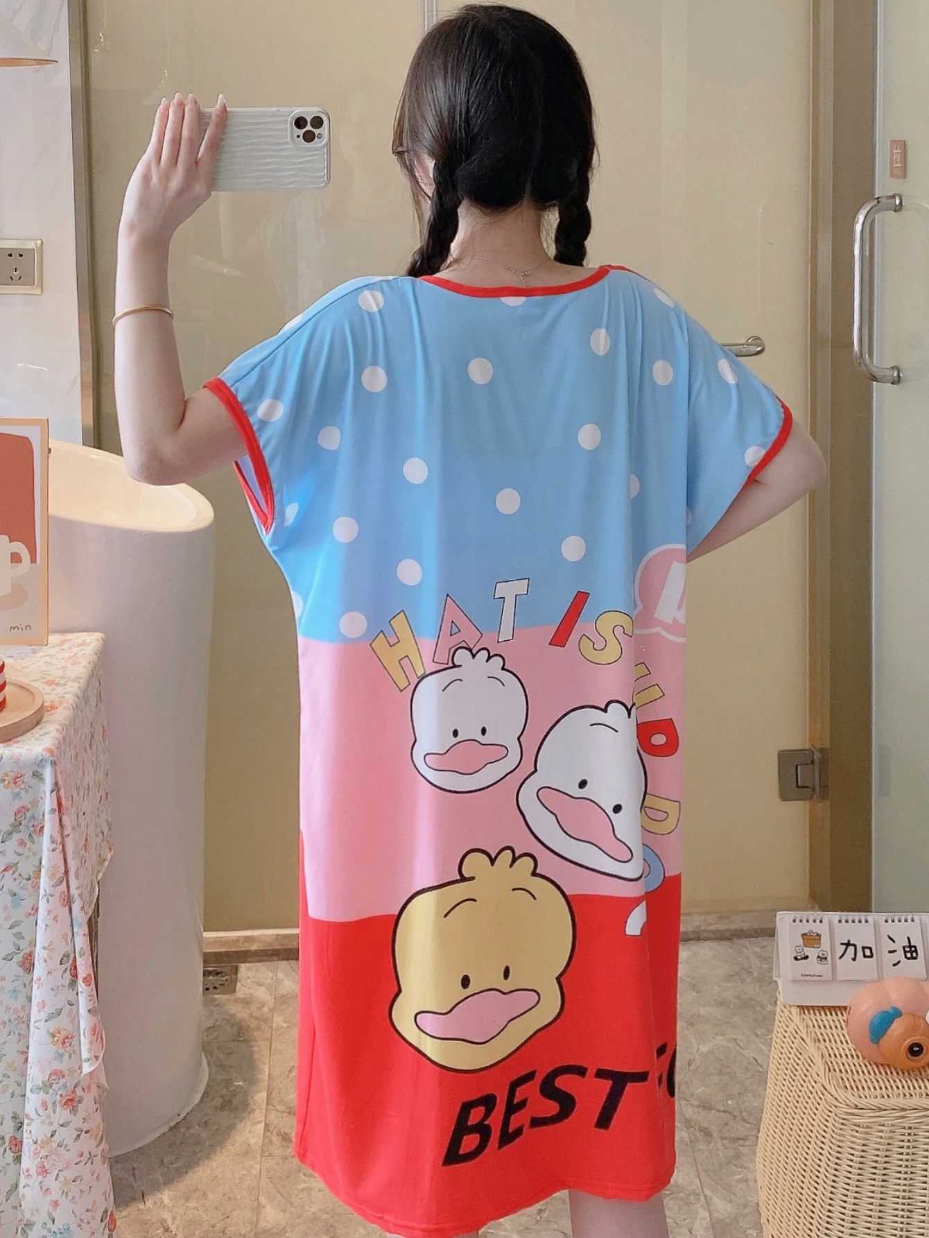 1PC, Summer And Autumn Cool Cute Girls Cartoon Nightdress, Comfortable Short-sleeved Dress, Women's Home Wear, Polyester Pajama