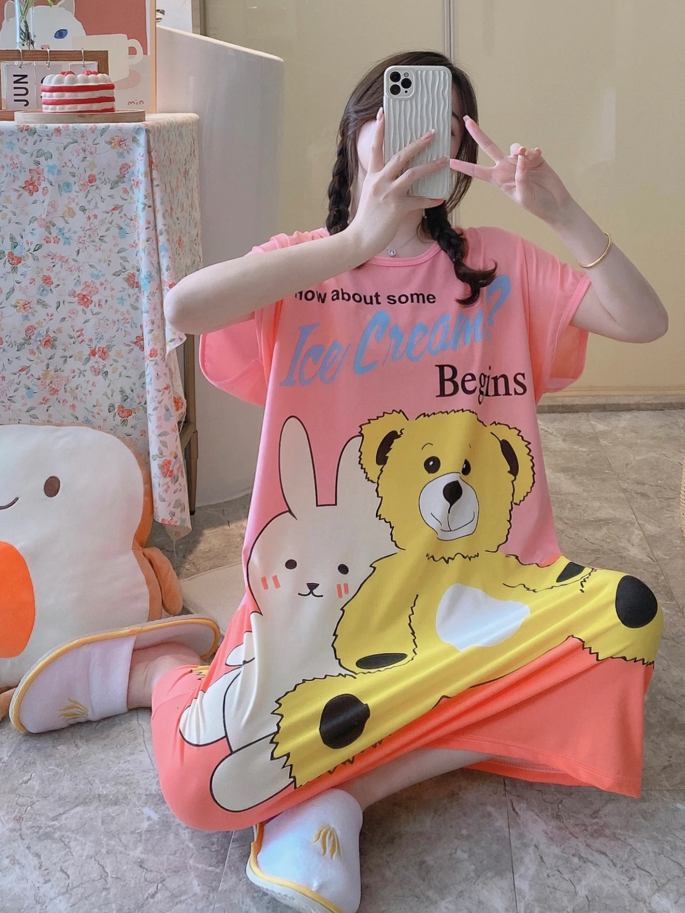 1PC, Summer And Autumn Cool Cute Girls Cartoon Nightdress, Comfortable Short-sleeved Dress, Women's Home Wear, Polyester Pajama