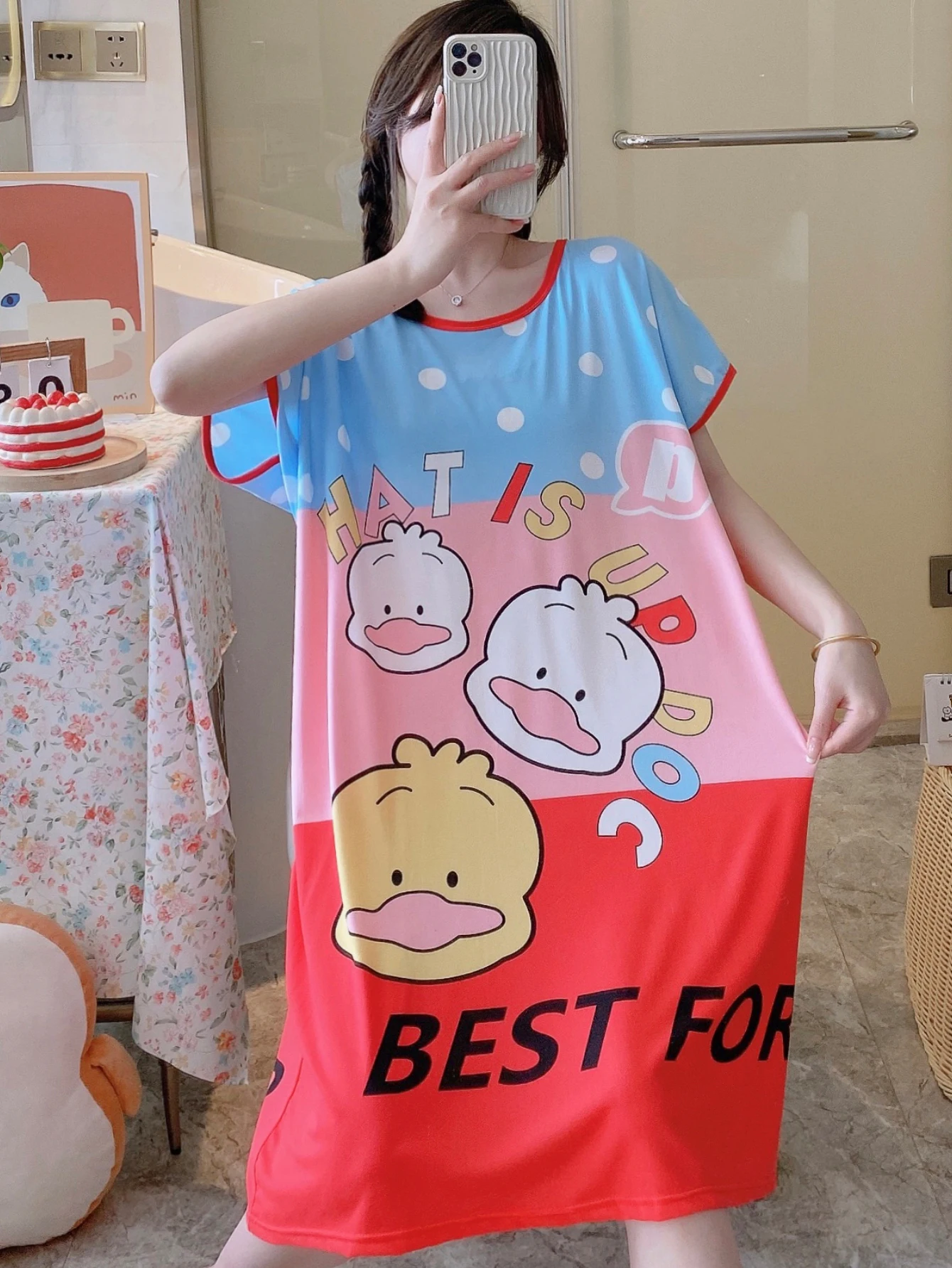 1PC, Summer And Autumn Cool Cute Girls Cartoon Nightdress, Comfortable Short-sleeved Dress, Women's Home Wear, Polyester Pajama