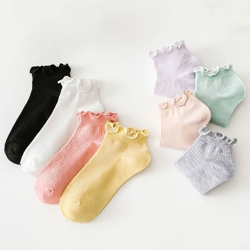 5Pairs Women's Frill Trim Sock Solid Sweet Japanese Style Short Socks Soft & Lightweight Comfortable Breathable Low Cut Sox