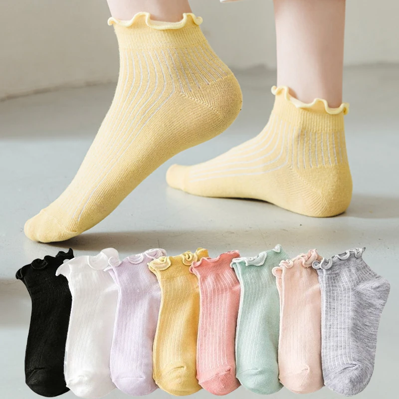 5Pairs Women's Frill Trim Sock Solid Sweet Japanese Style Short Socks Soft & Lightweight Comfortable Breathable Low Cut Sox