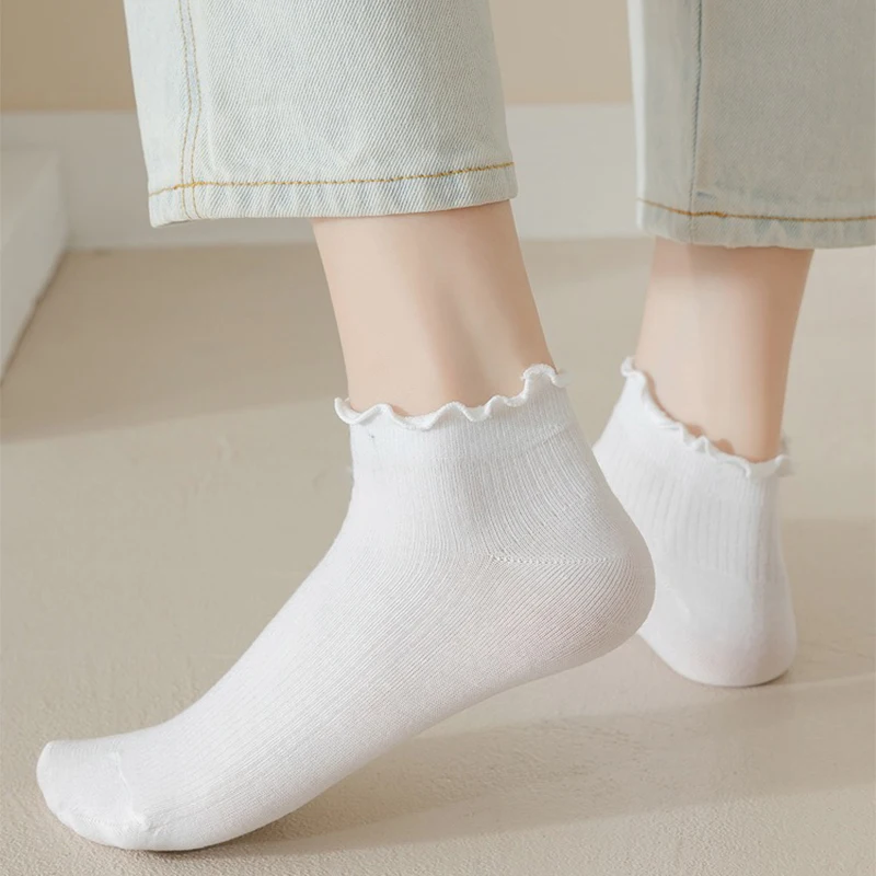 5Pairs Women's Frill Trim Sock Solid Sweet Japanese Style Short Socks Soft & Lightweight Comfortable Breathable Low Cut Sox