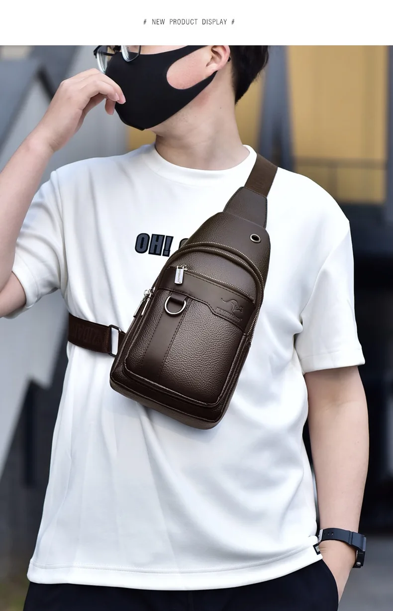 2026New Kangaroo Luxury Brand Chest Pack Men Crossbody Bag Black Brown Leather Chest Bag Casual Travel Sling Bag Messenger Bag