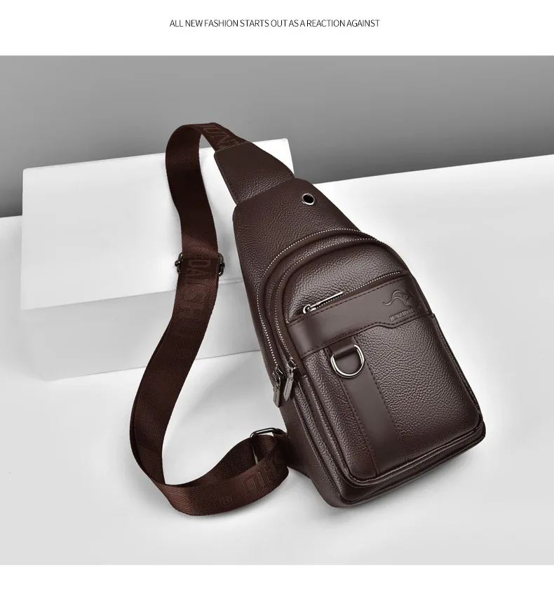 2026New Kangaroo Luxury Brand Chest Pack Men Crossbody Bag Black Brown Leather Chest Bag Casual Travel Sling Bag Messenger Bag