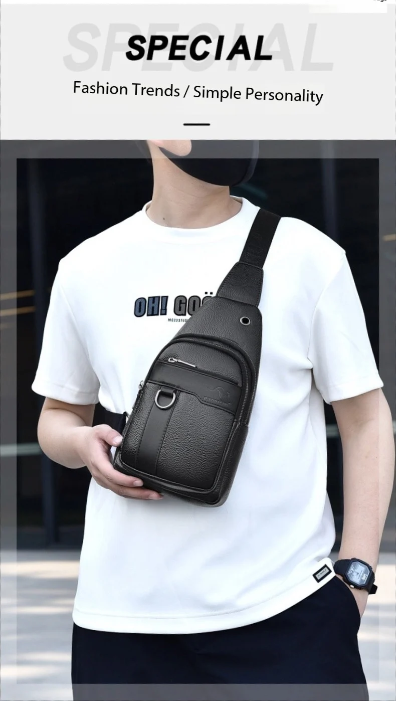 2026New Kangaroo Luxury Brand Chest Pack Men Crossbody Bag Black Brown Leather Chest Bag Casual Travel Sling Bag Messenger Bag