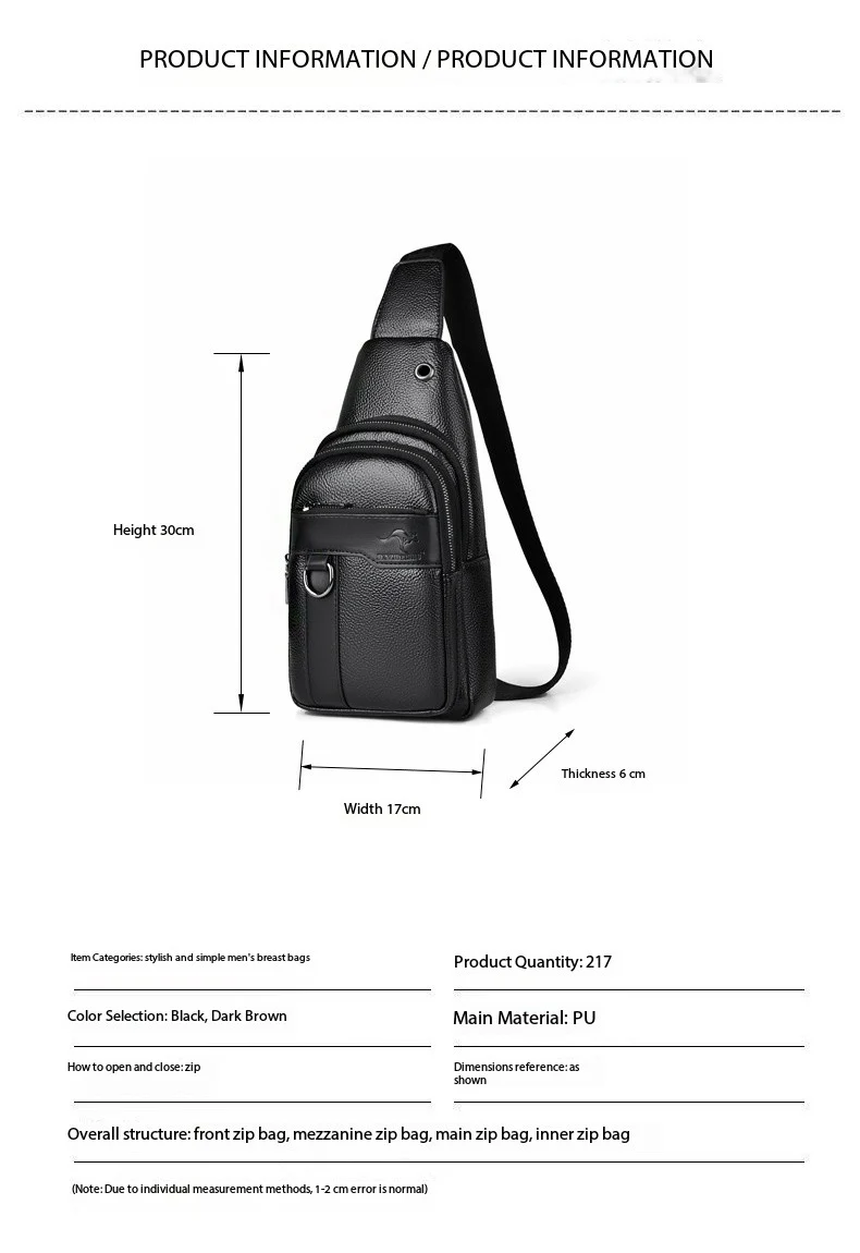 2026New Kangaroo Luxury Brand Chest Pack Men Crossbody Bag Black Brown Leather Chest Bag Casual Travel Sling Bag Messenger Bag