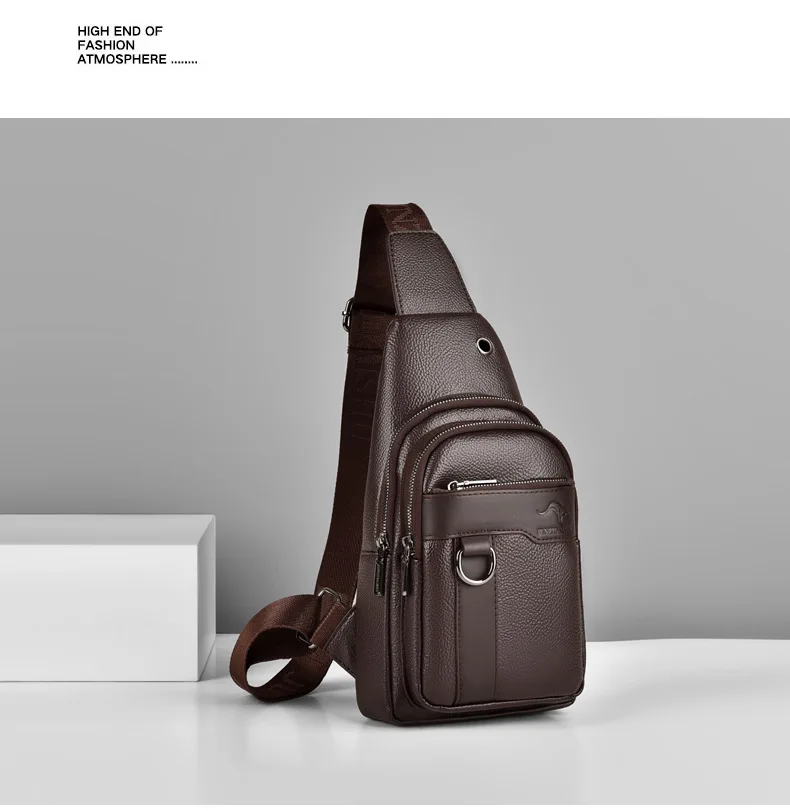 2026New Kangaroo Luxury Brand Chest Pack Men Crossbody Bag Black Brown Leather Chest Bag Casual Travel Sling Bag Messenger Bag