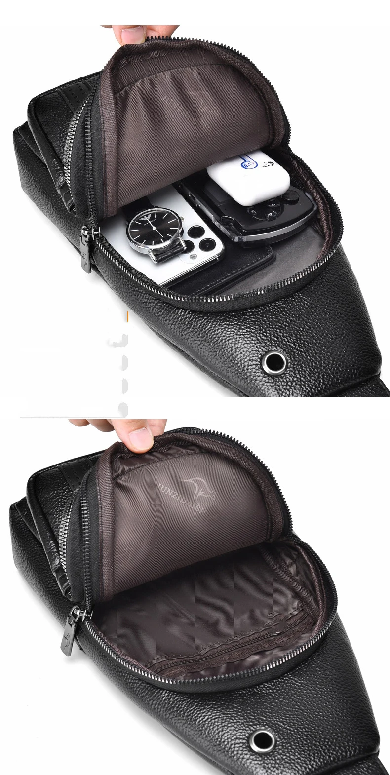 2026New Kangaroo Luxury Brand Chest Pack Men Crossbody Bag Black Brown Leather Chest Bag Casual Travel Sling Bag Messenger Bag