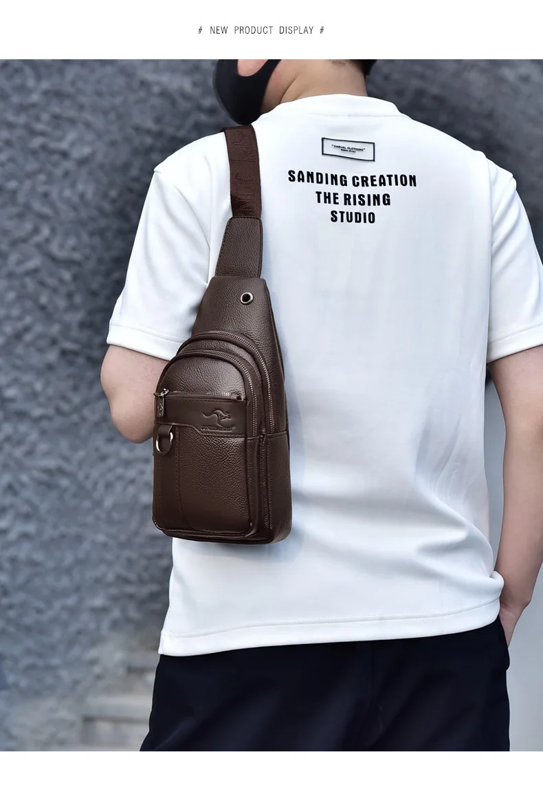 2026New Kangaroo Luxury Brand Chest Pack Men Crossbody Bag Black Brown Leather Chest Bag Casual Travel Sling Bag Messenger Bag