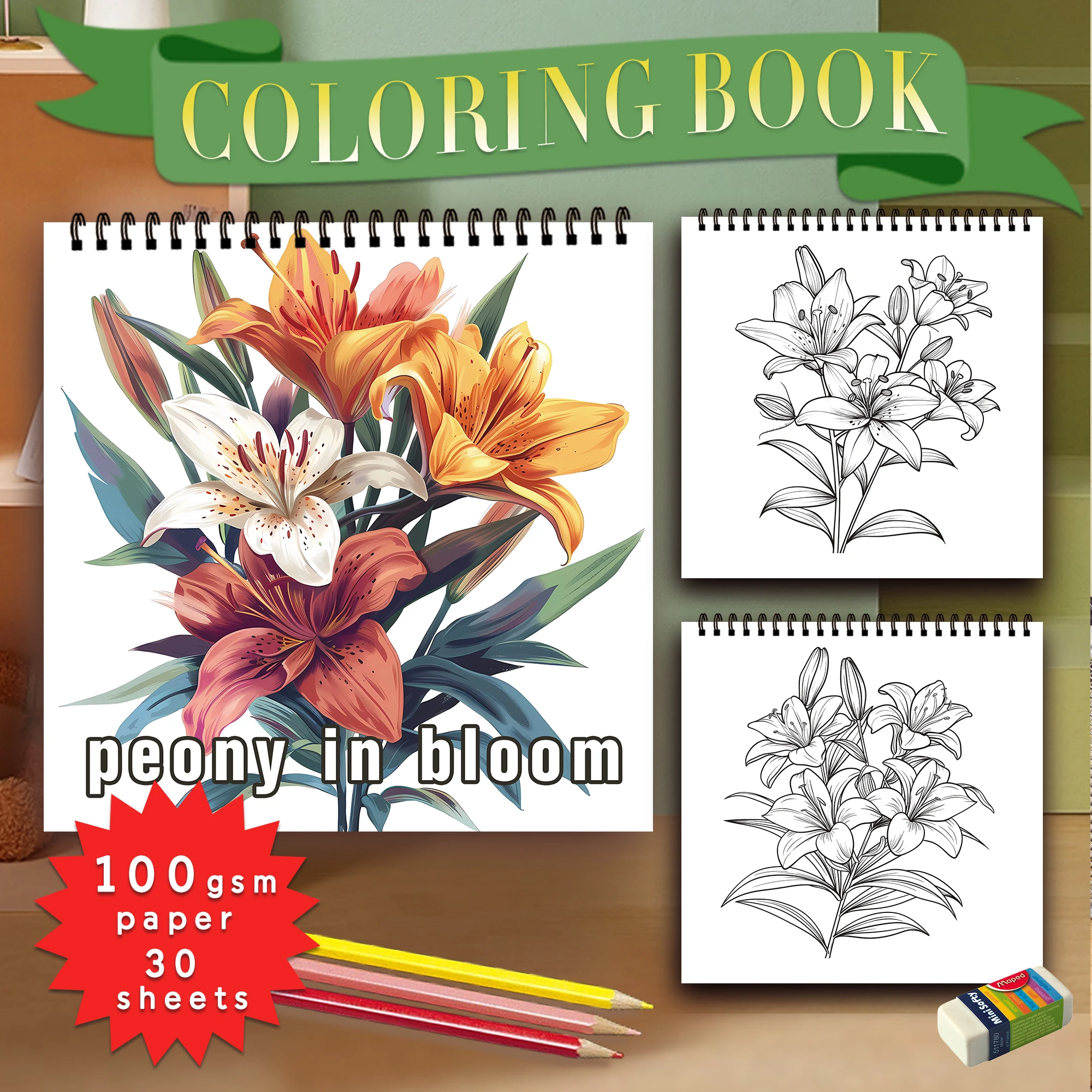 Spiral Colouring Book 30 Sheets 8.3x 8.3 Inches 100gsm Thick Paper, For Relief, Anxiety, Perfect for Many Holiday Gifts
