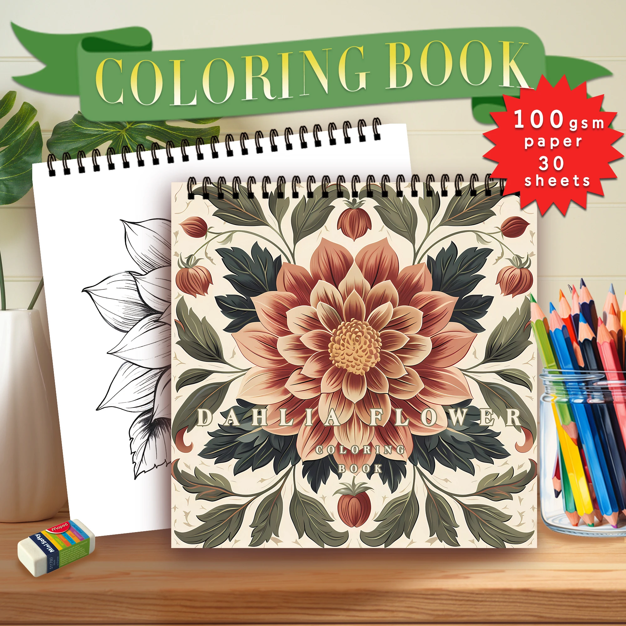 Spiral Colouring Book 30 Sheets 8.3x 8.3 Inches 100gsm Thick Paper, For Relief, Anxiety, Perfect for Many Holiday Gifts
