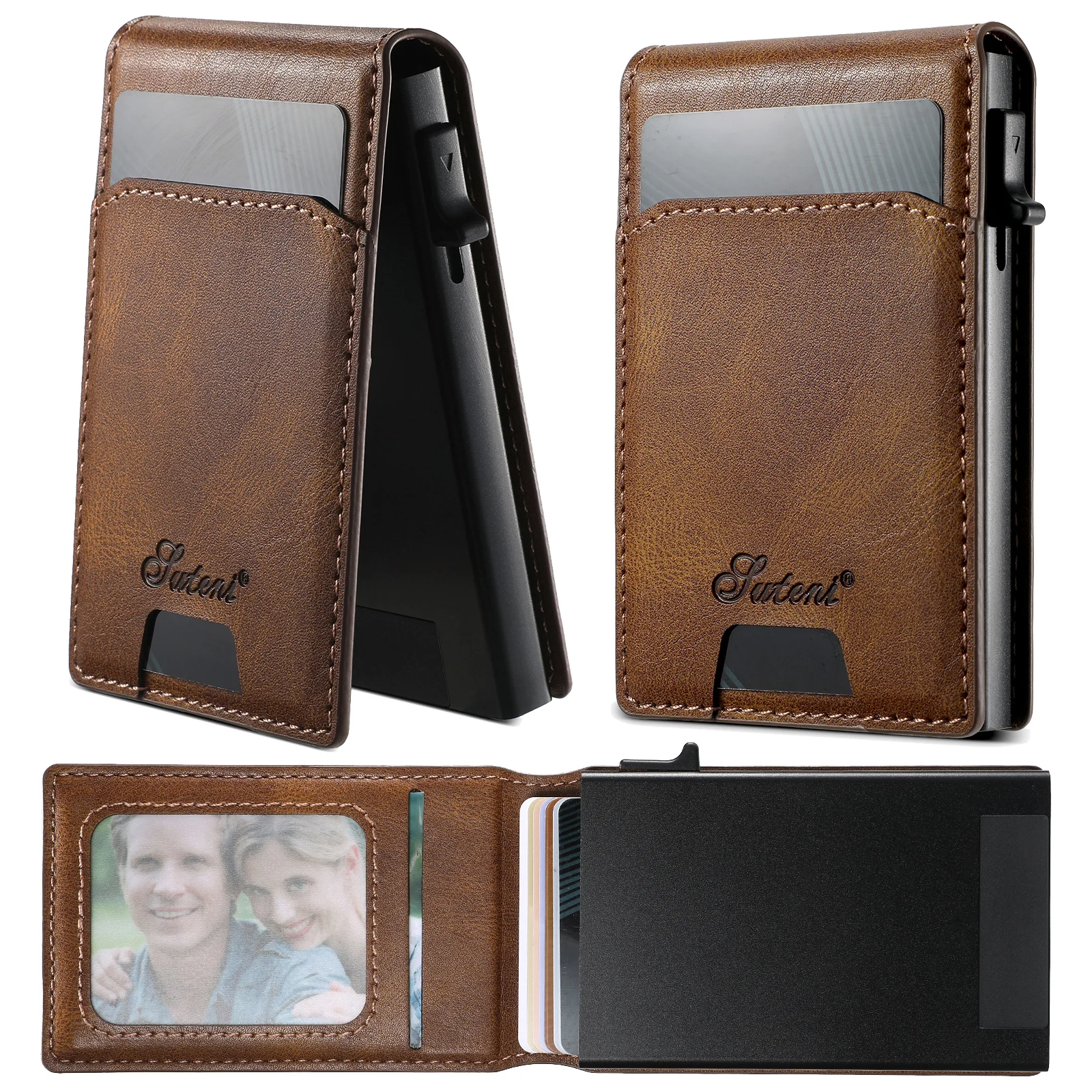 SUTENI Wallet For Men Magnetic Card Holder Wallet Leather Holder Bracket Pressing the Button Automatically Ejects the Card
