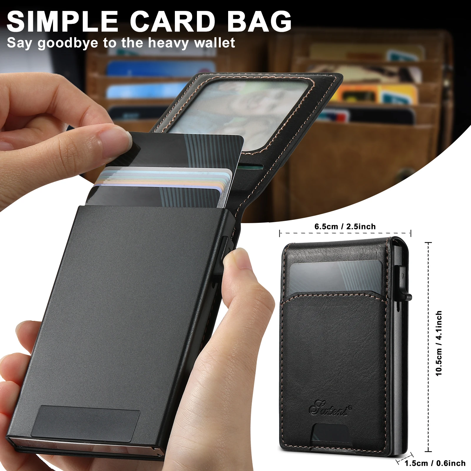 SUTENI Wallet For Men Magnetic Card Holder Wallet Leather Holder Bracket Pressing the Button Automatically Ejects the Card