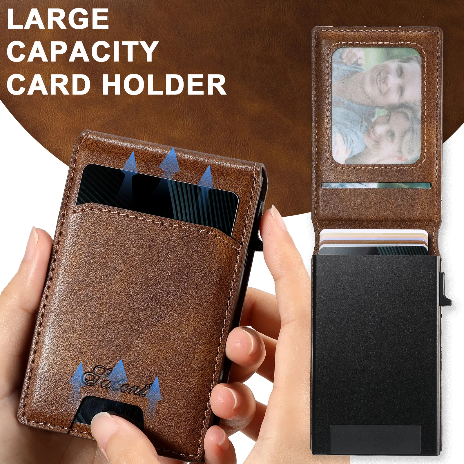 SUTENI Wallet For Men Magnetic Card Holder Wallet Leather Holder Bracket Pressing the Button Automatically Ejects the Card