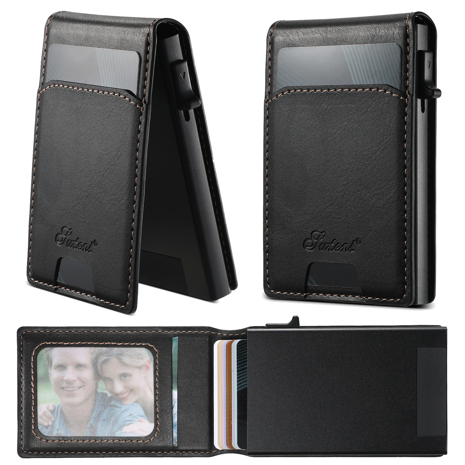 SUTENI Wallet For Men Magnetic Card Holder Wallet Leather Holder Bracket Pressing the Button Automatically Ejects the Card
