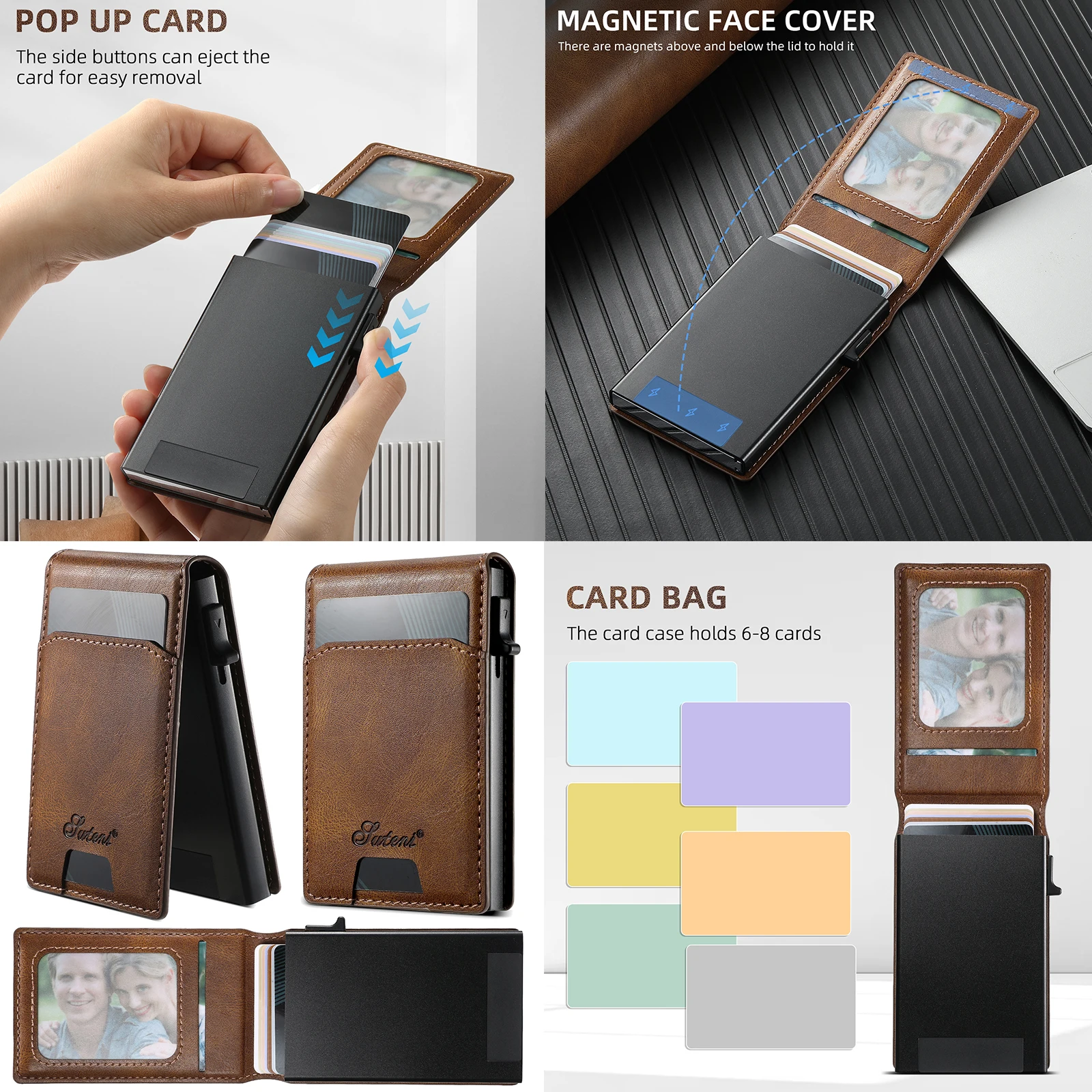 SUTENI Wallet For Men Magnetic Card Holder Wallet Leather Holder Bracket Pressing the Button Automatically Ejects the Card