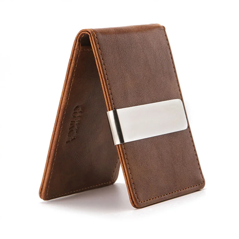 Fashion Men PU Leather Bifold Money Clips Multi functional Thin Metal Clamp Wallet Card Holder