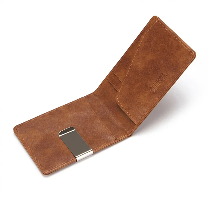 Fashion Men PU Leather Bifold Money Clips Multi functional Thin Metal Clamp Wallet Card Holder