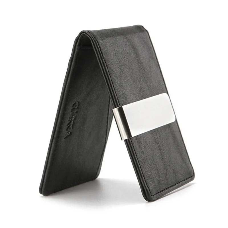 Fashion Men PU Leather Bifold Money Clips Multi functional Thin Metal Clamp Wallet Card Holder