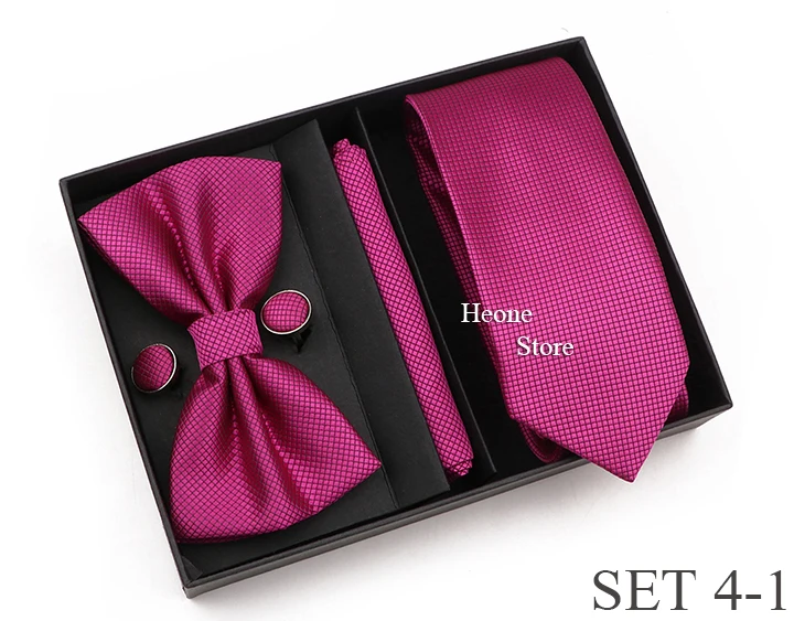 New Style Tie Set Solid Color Plaid Pink Purple Yellow Necktie Bowtie Cufflink Brooch For Groom Wedding Party Gift Box Accessory