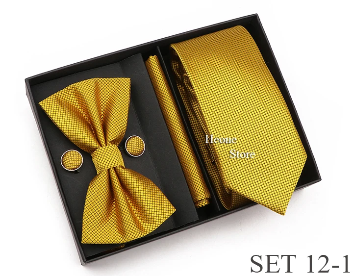 New Style Tie Set Solid Color Plaid Pink Purple Yellow Necktie Bowtie Cufflink Brooch For Groom Wedding Party Gift Box Accessory