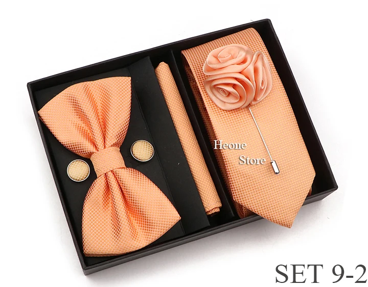 New Style Tie Set Solid Color Plaid Pink Purple Yellow Necktie Bowtie Cufflink Brooch For Groom Wedding Party Gift Box Accessory