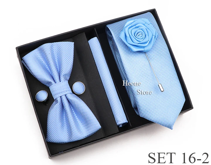 New Style Tie Set Solid Color Plaid Pink Purple Yellow Necktie Bowtie Cufflink Brooch For Groom Wedding Party Gift Box Accessory