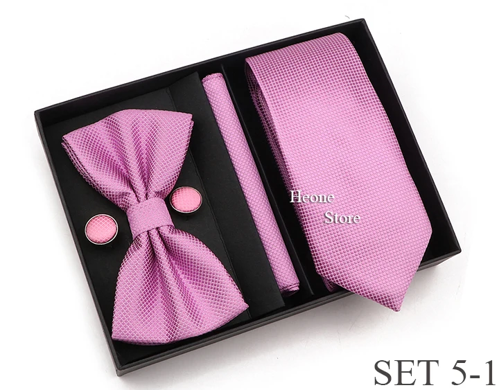 New Style Tie Set Solid Color Plaid Pink Purple Yellow Necktie Bowtie Cufflink Brooch For Groom Wedding Party Gift Box Accessory