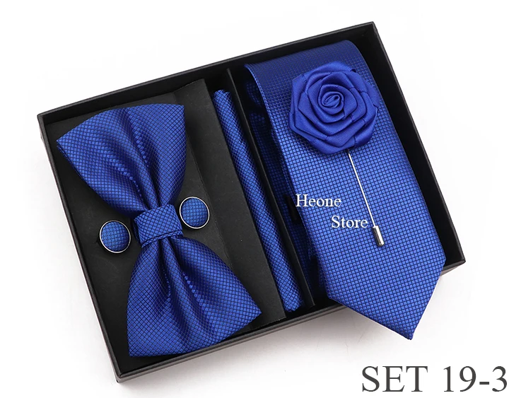 New Style Tie Set Solid Color Plaid Pink Purple Yellow Necktie Bowtie Cufflink Brooch For Groom Wedding Party Gift Box Accessory
