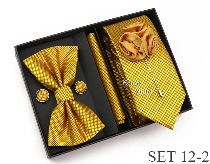 New Style Tie Set Solid Color Plaid Pink Purple Yellow Necktie Bowtie Cufflink Brooch For Groom Wedding Party Gift Box Accessory