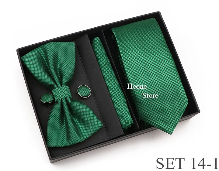 New Style Tie Set Solid Color Plaid Pink Purple Yellow Necktie Bowtie Cufflink Brooch For Groom Wedding Party Gift Box Accessory