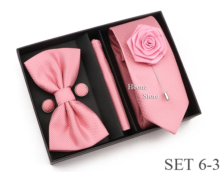 New Style Tie Set Solid Color Plaid Pink Purple Yellow Necktie Bowtie Cufflink Brooch For Groom Wedding Party Gift Box Accessory