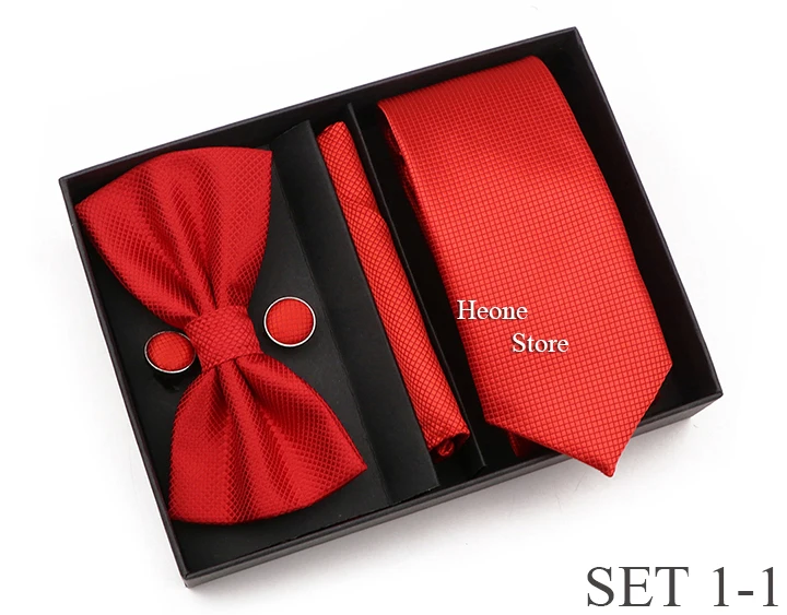 New Style Tie Set Solid Color Plaid Pink Purple Yellow Necktie Bowtie Cufflink Brooch For Groom Wedding Party Gift Box Accessory