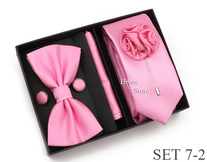 New Style Tie Set Solid Color Plaid Pink Purple Yellow Necktie Bowtie Cufflink Brooch For Groom Wedding Party Gift Box Accessory