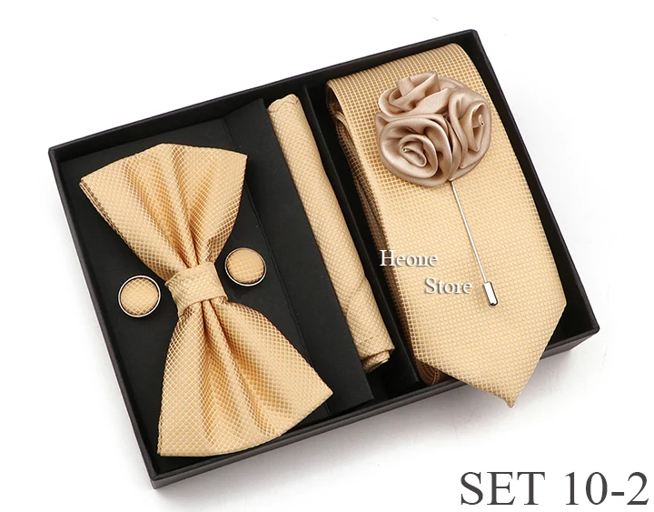 New Style Tie Set Solid Color Plaid Pink Purple Yellow Necktie Bowtie Cufflink Brooch For Groom Wedding Party Gift Box Accessory