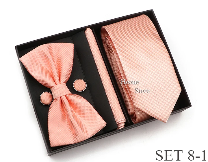 New Style Tie Set Solid Color Plaid Pink Purple Yellow Necktie Bowtie Cufflink Brooch For Groom Wedding Party Gift Box Accessory