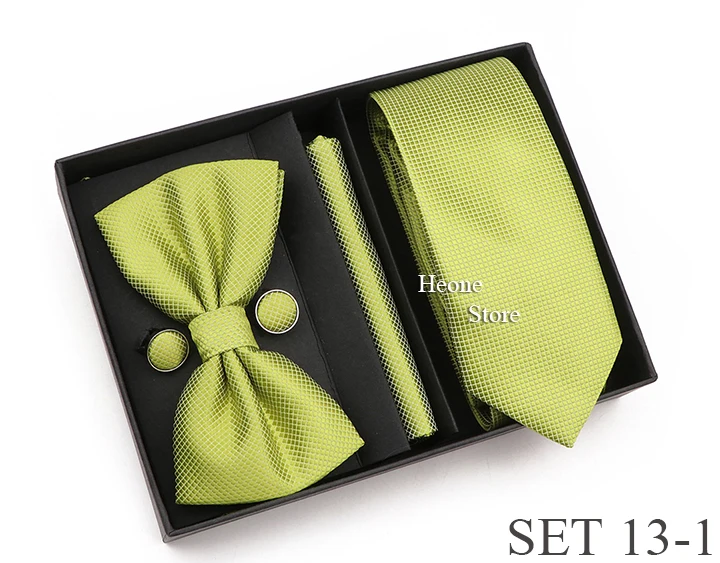New Style Tie Set Solid Color Plaid Pink Purple Yellow Necktie Bowtie Cufflink Brooch For Groom Wedding Party Gift Box Accessory