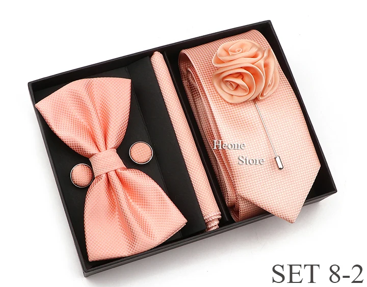 New Style Tie Set Solid Color Plaid Pink Purple Yellow Necktie Bowtie Cufflink Brooch For Groom Wedding Party Gift Box Accessory
