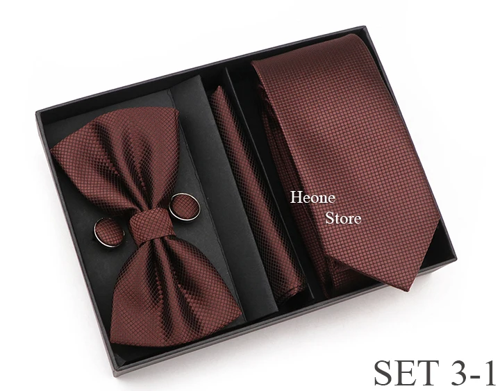 New Style Tie Set Solid Color Plaid Pink Purple Yellow Necktie Bowtie Cufflink Brooch For Groom Wedding Party Gift Box Accessory