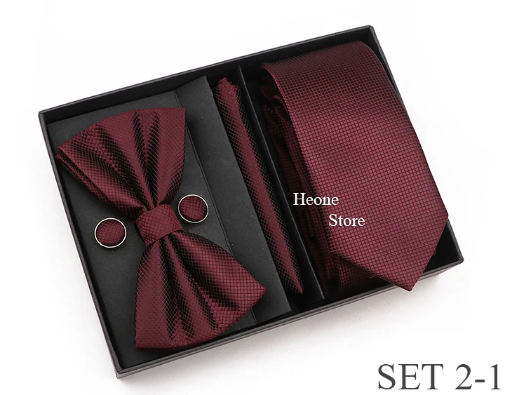 New Style Tie Set Solid Color Plaid Pink Purple Yellow Necktie Bowtie Cufflink Brooch For Groom Wedding Party Gift Box Accessory