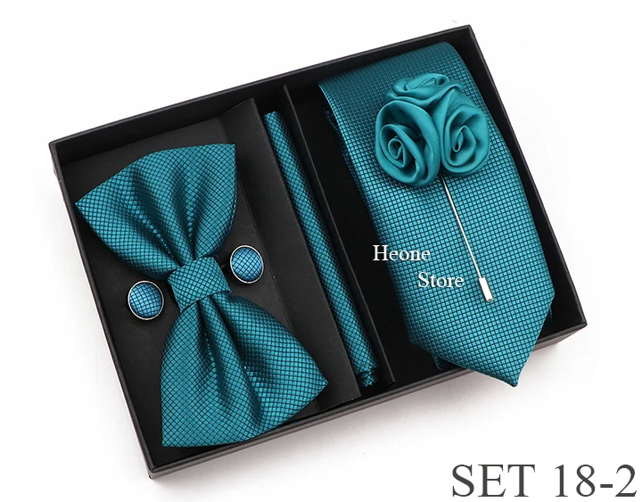 New Style Tie Set Solid Color Plaid Pink Purple Yellow Necktie Bowtie Cufflink Brooch For Groom Wedding Party Gift Box Accessory