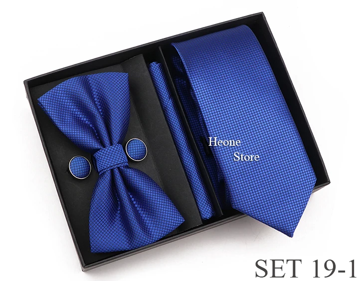 New Style Tie Set Solid Color Plaid Pink Purple Yellow Necktie Bowtie Cufflink Brooch For Groom Wedding Party Gift Box Accessory