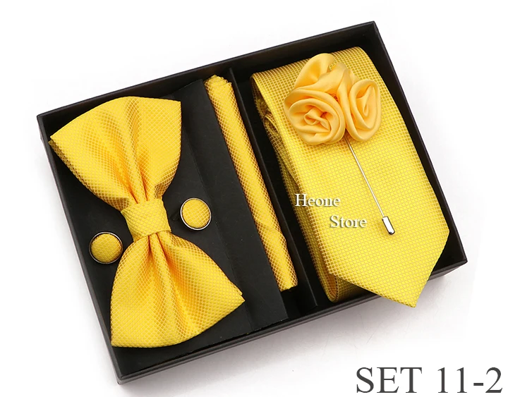 New Style Tie Set Solid Color Plaid Pink Purple Yellow Necktie Bowtie Cufflink Brooch For Groom Wedding Party Gift Box Accessory