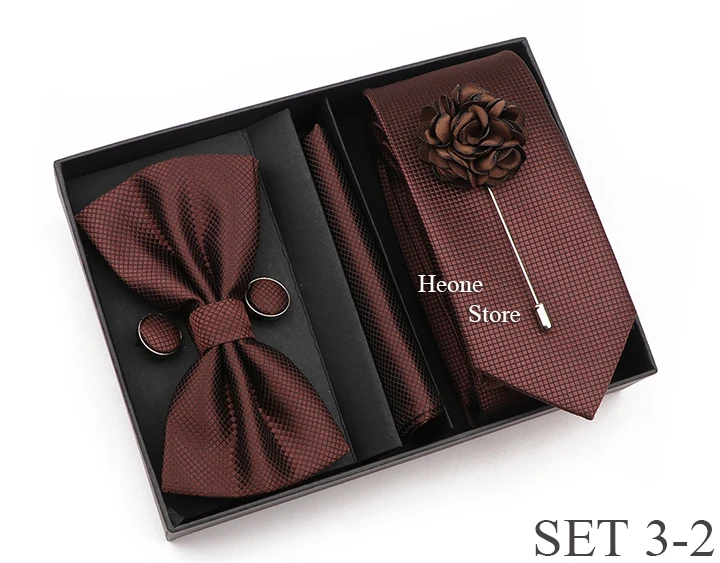 New Style Tie Set Solid Color Plaid Pink Purple Yellow Necktie Bowtie Cufflink Brooch For Groom Wedding Party Gift Box Accessory