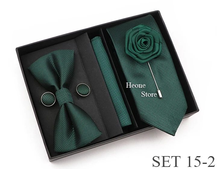 New Style Tie Set Solid Color Plaid Pink Purple Yellow Necktie Bowtie Cufflink Brooch For Groom Wedding Party Gift Box Accessory