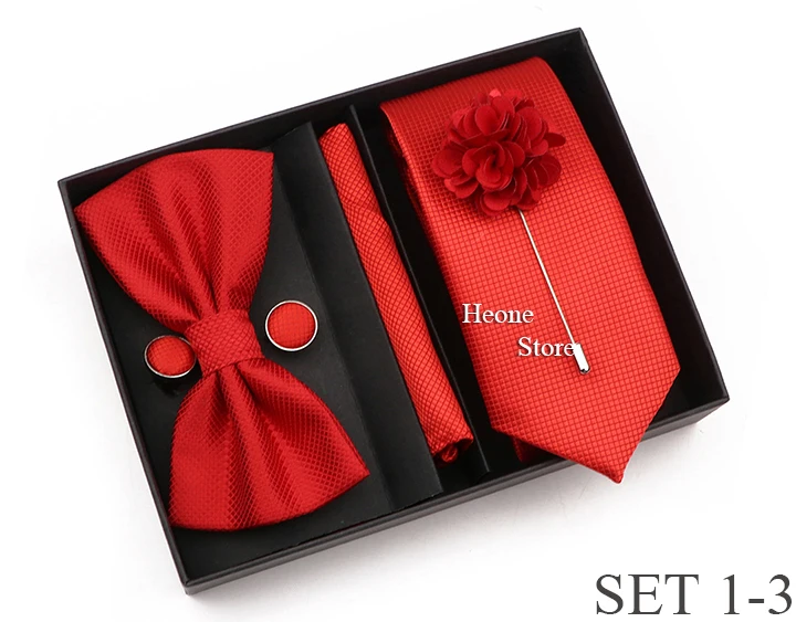 New Style Tie Set Solid Color Plaid Pink Purple Yellow Necktie Bowtie Cufflink Brooch For Groom Wedding Party Gift Box Accessory