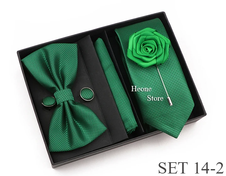 New Style Tie Set Solid Color Plaid Pink Purple Yellow Necktie Bowtie Cufflink Brooch For Groom Wedding Party Gift Box Accessory