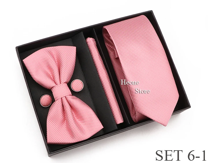 New Style Tie Set Solid Color Plaid Pink Purple Yellow Necktie Bowtie Cufflink Brooch For Groom Wedding Party Gift Box Accessory