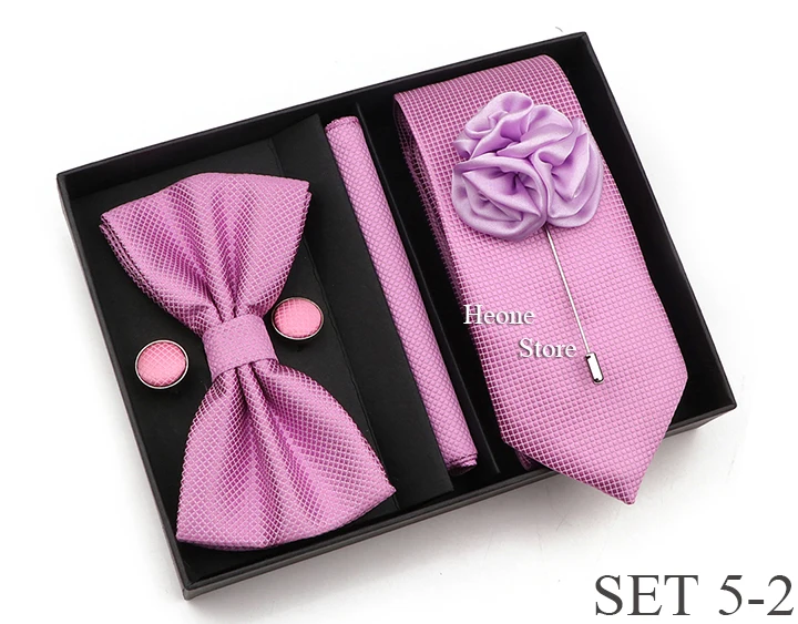 New Style Tie Set Solid Color Plaid Pink Purple Yellow Necktie Bowtie Cufflink Brooch For Groom Wedding Party Gift Box Accessory