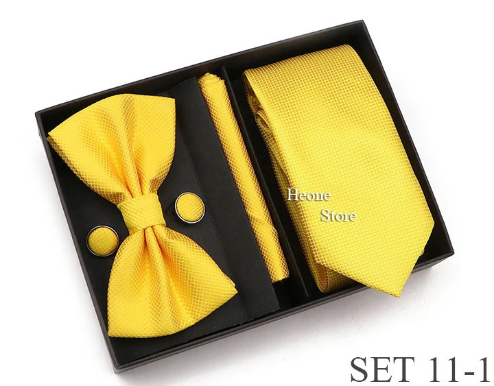 New Style Tie Set Solid Color Plaid Pink Purple Yellow Necktie Bowtie Cufflink Brooch For Groom Wedding Party Gift Box Accessory